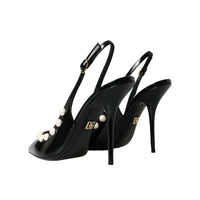 Dolce & Gabbana Black Leather Faux Pearl Heel Slingback Shoes