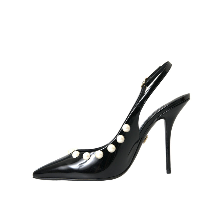 Dolce & Gabbana Black Leather Faux Pearl Heel Slingback Shoes