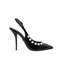 Dolce & Gabbana Black Leather Faux Pearl Heel Slingback Shoes