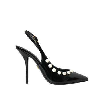 Dolce & Gabbana Black Leather Faux Pearl Heel Slingback Shoes