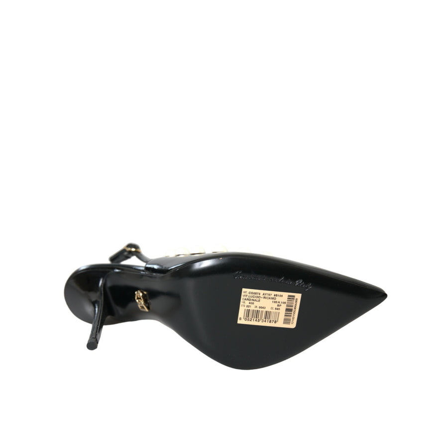 Dolce & Gabbana Black Leather Faux Pearl Heel Slingback Shoes