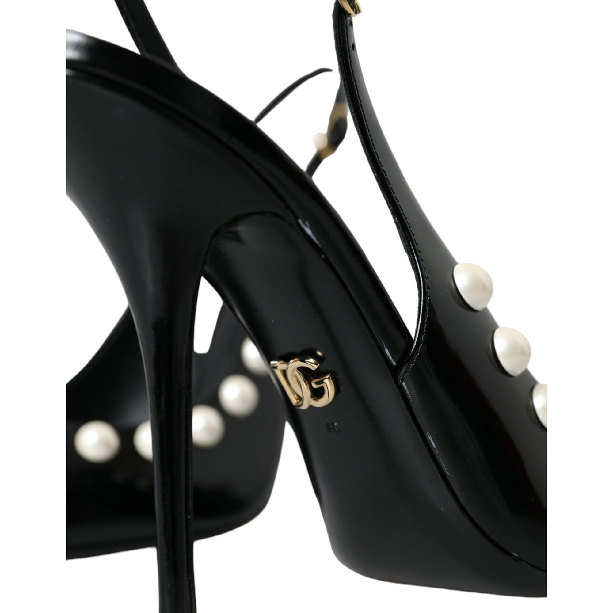 Dolce &amp; Gabbana Black Leather Faux Pearl Heel Slingback Shoes