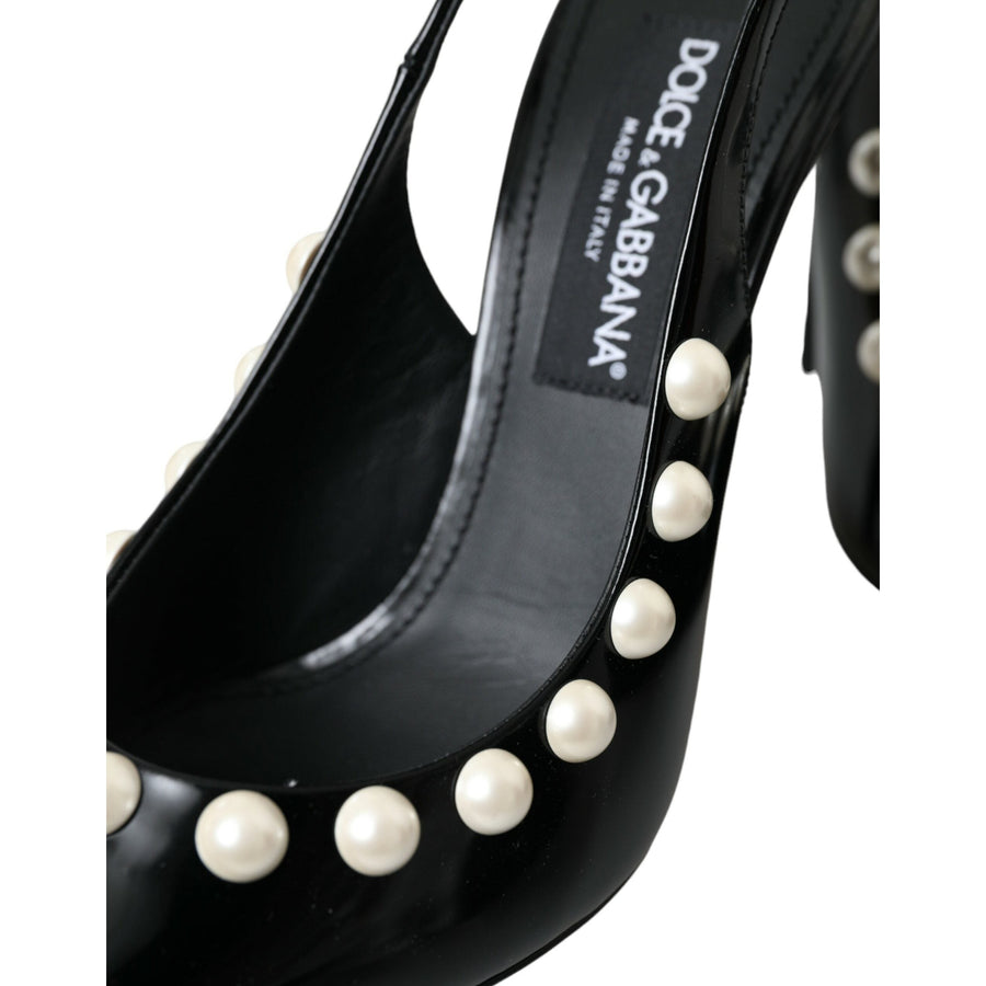 Dolce & Gabbana Black Leather Faux Pearl Heel Slingback Shoes