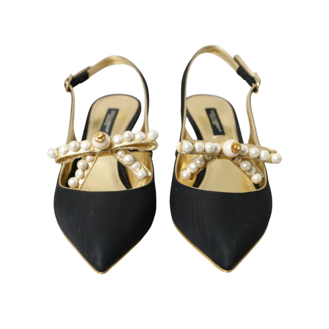 Dolce & Gabbana Black Leather Faux Pearls Slingbacks Shoes