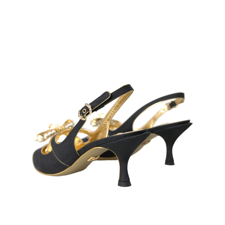 Dolce & Gabbana Black Leather Faux Pearls Slingbacks Shoes