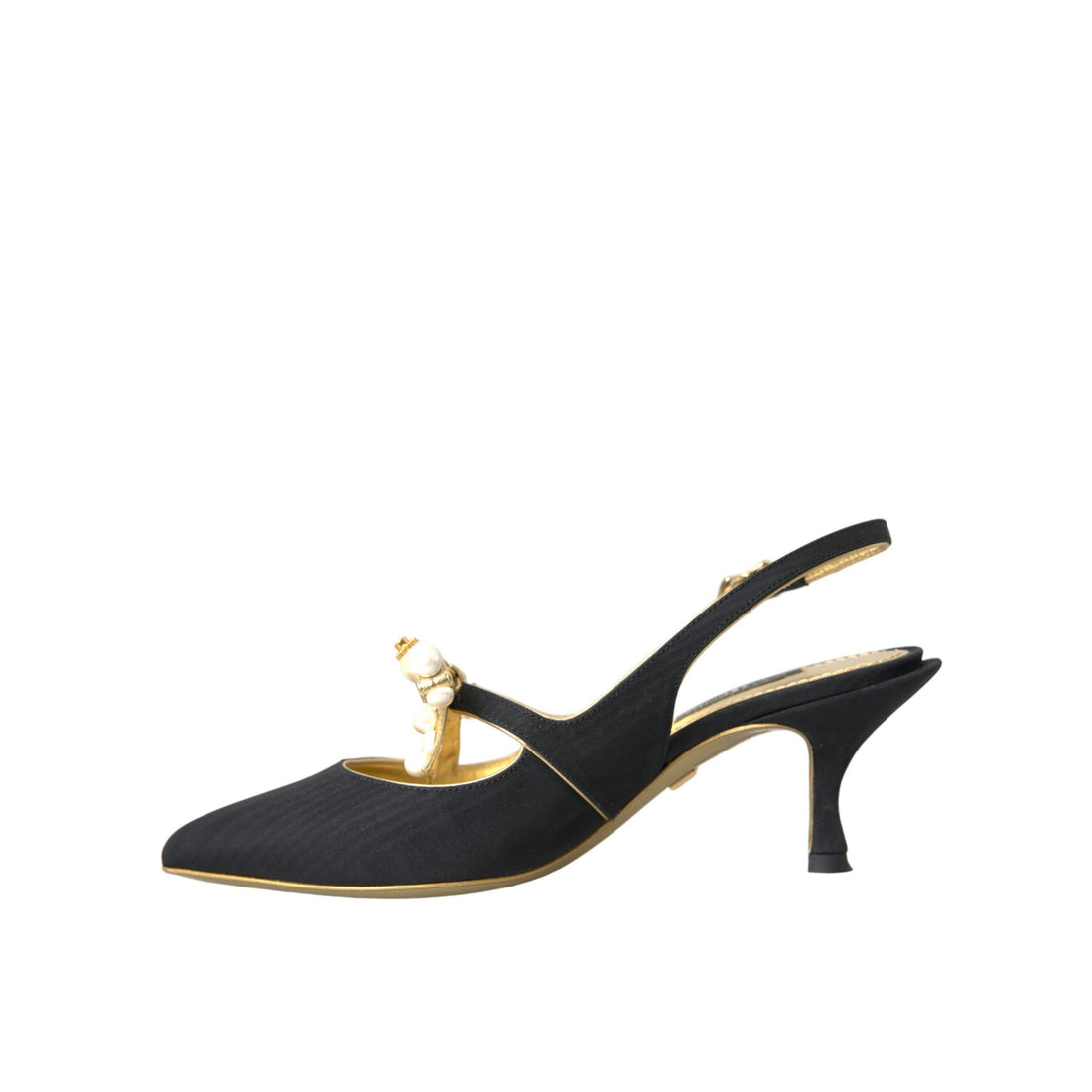 Dolce & Gabbana Black Leather Faux Pearls Slingbacks Shoes