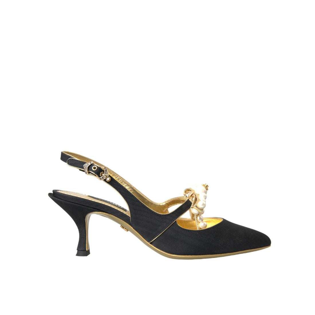 Dolce & Gabbana Black Leather Faux Pearls Slingbacks Shoes