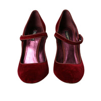 Dolce & Gabbana Red Velvet Gold Crystals Heels Mary Jane Shoes