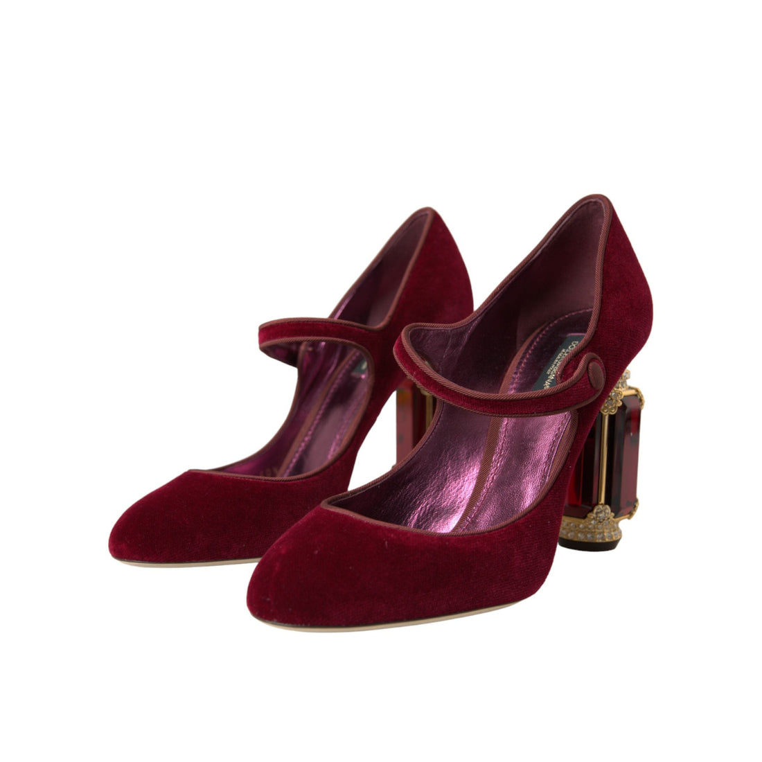 Dolce & Gabbana Red Velvet Gold Crystals Heels Mary Jane Shoes