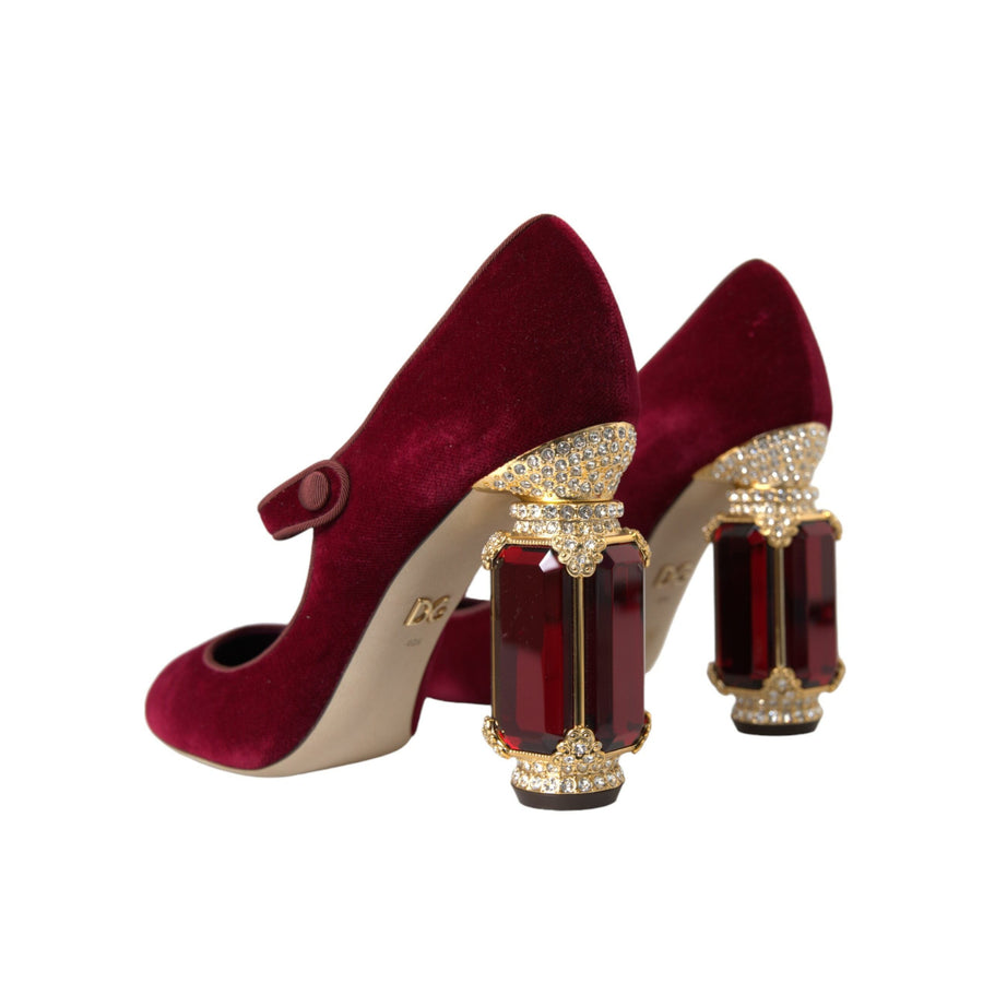 Dolce & Gabbana Red Velvet Gold Crystals Heels Mary Jane Shoes