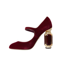 Dolce & Gabbana Red Velvet Gold Crystals Heels Mary Jane Shoes