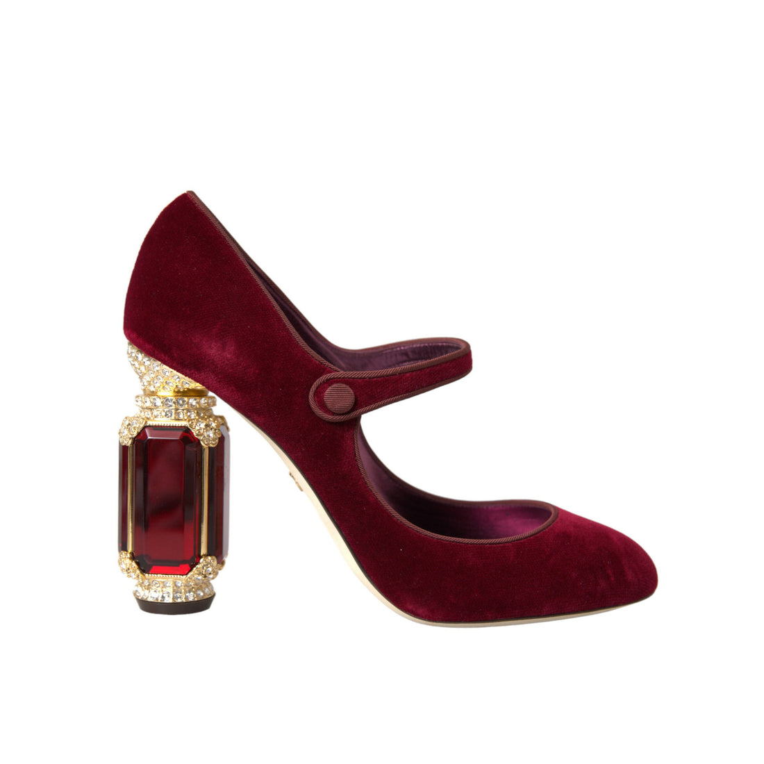 Dolce & Gabbana Red Velvet Gold Crystals Heels Mary Jane Shoes