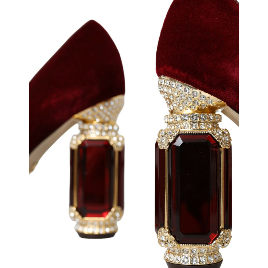 Dolce & Gabbana Red Velvet Gold Crystals Heels Mary Jane Shoes