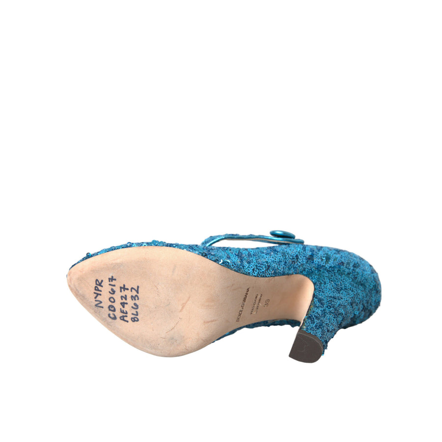 Dolce & Gabbana Blue Sequin Mary Jane Pumps High Heels Shoes