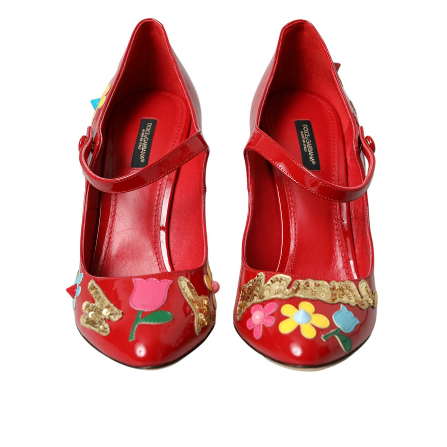 Dolce & Gabbana Red Leather Embellished Mary Jane Pumps Heels Shoes