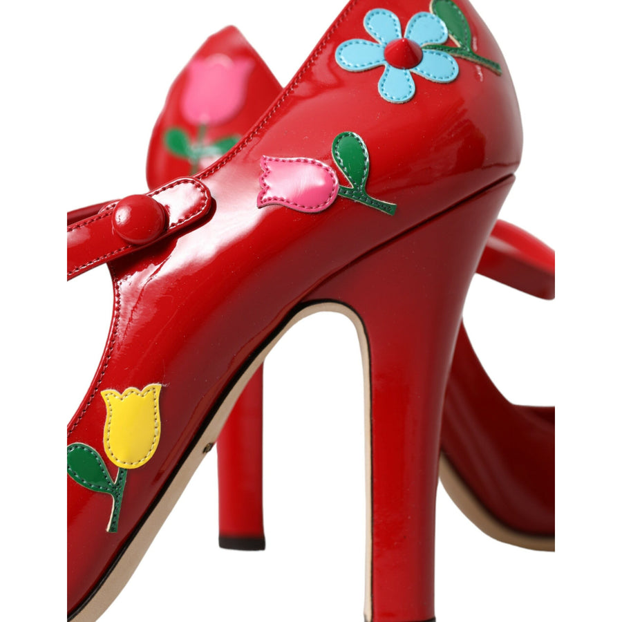 Dolce & Gabbana Red Leather Embellished Mary Jane Pumps Heels Shoes