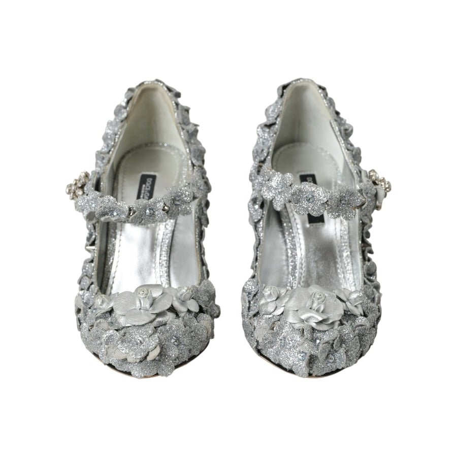 Dolce & Gabbana Silver Floral Crystal Mary Jane Pumps Shoes