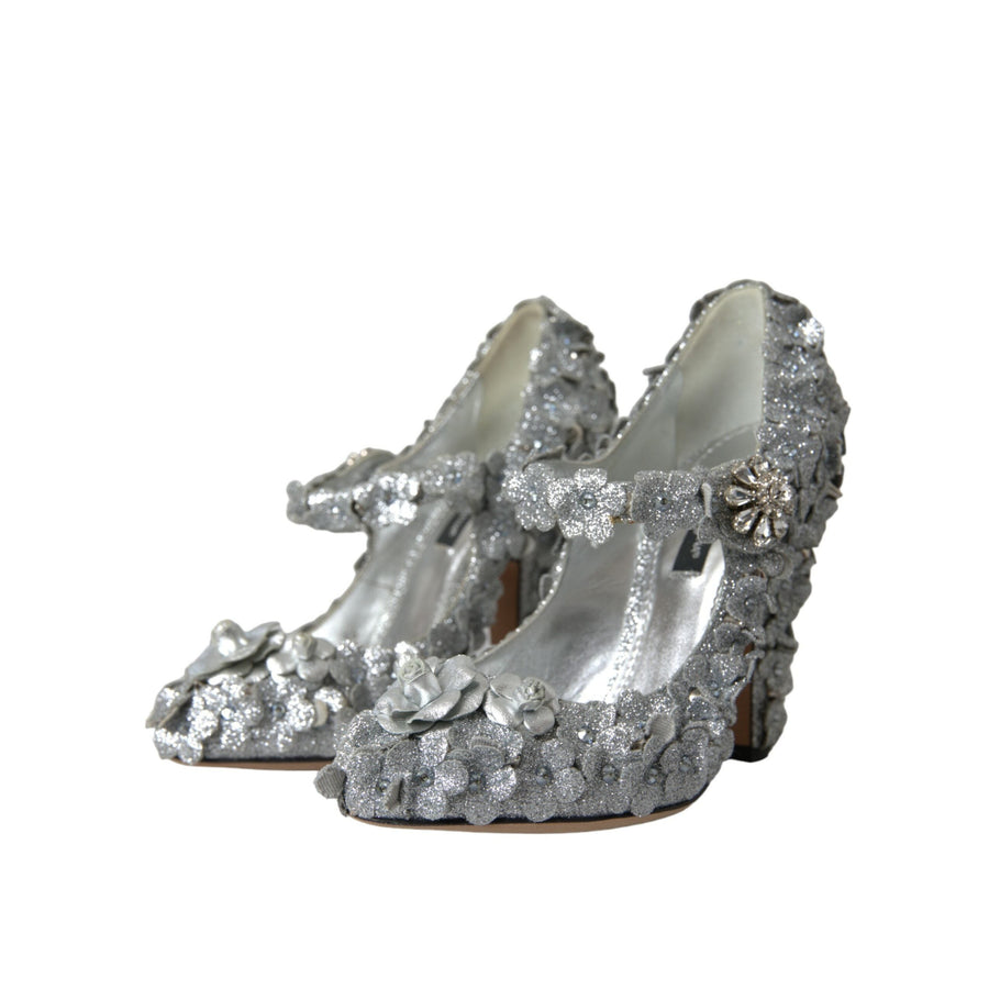 Dolce & Gabbana Silver Floral Crystal Mary Jane Pumps Shoes