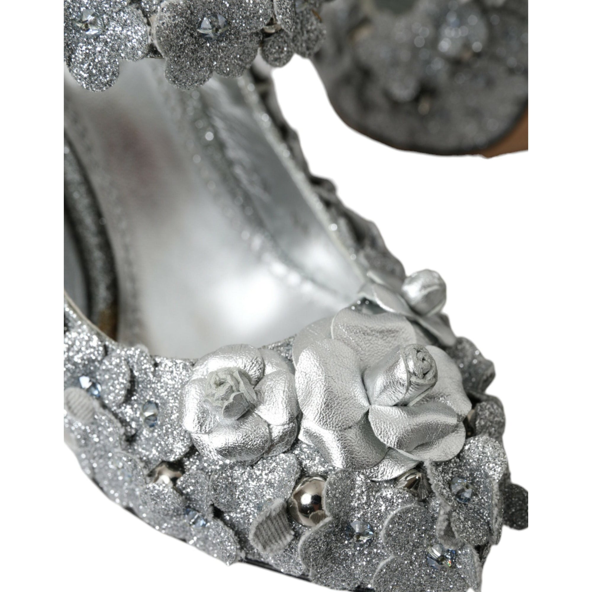 Dolce &amp; Gabbana Silver Floral Crystal Mary Jane Pumps Shoes