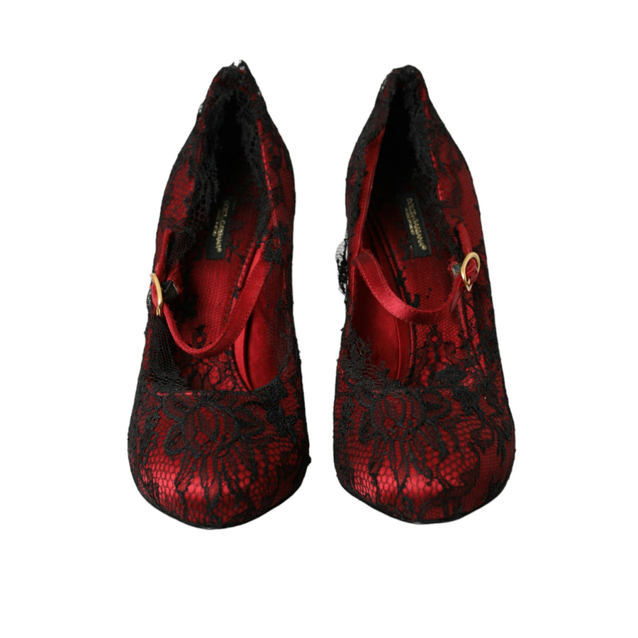 Dolce & Gabbana Red Black Floral Lace Mary Jane Pumps Shoes