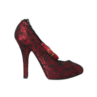 Dolce & Gabbana Red Black Floral Lace Mary Jane Pumps Shoes