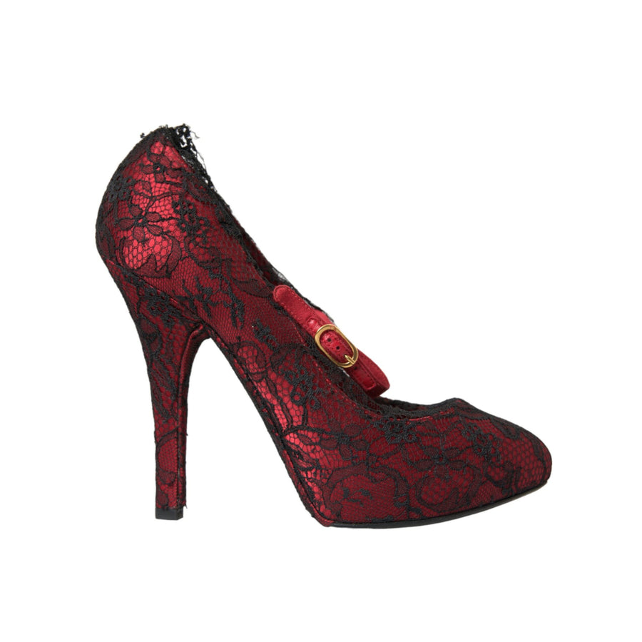 Dolce & Gabbana Red Black Floral Lace Mary Jane Pumps Shoes