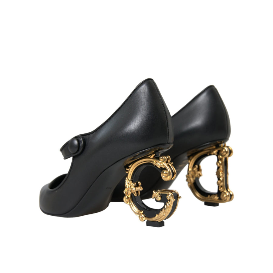 Dolce & Gabbana Black Leather Logo Heels Mary Janes Pumps Shoes