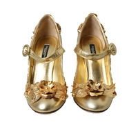 Dolce & Gabbana Gold Leather Crystal Mary Janes Pumps Shoes