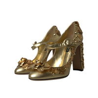 Dolce & Gabbana Gold Leather Crystal Mary Janes Pumps Shoes