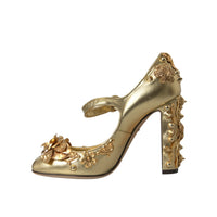 Dolce & Gabbana Gold Leather Crystal Mary Janes Pumps Shoes