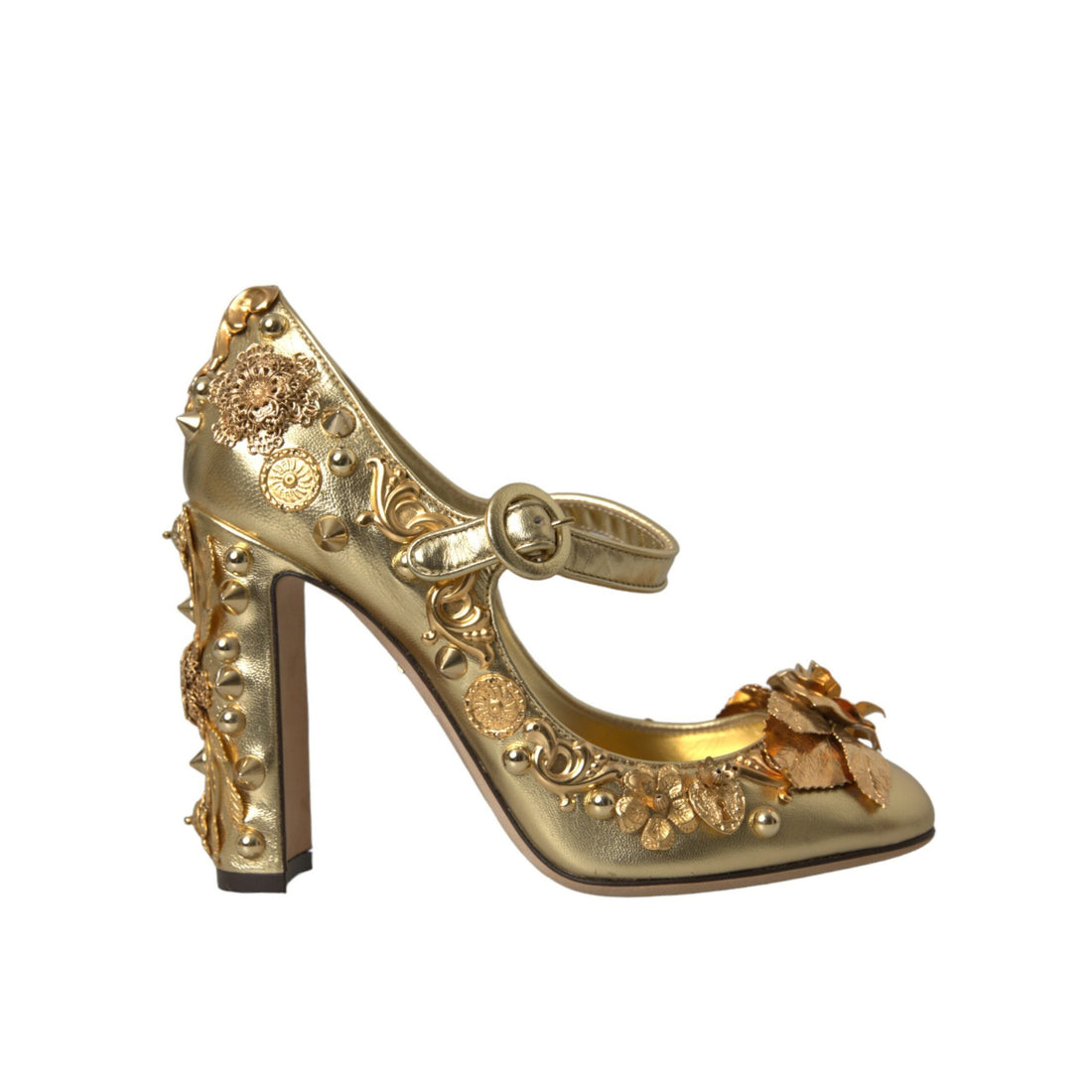 Dolce & Gabbana Gold Leather Crystal Mary Janes Pumps Shoes