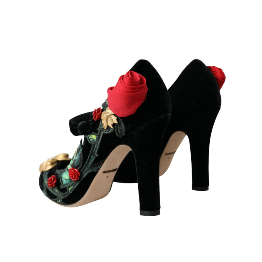 Dolce & Gabbana Black Roses Crystal Brooch Mary Jane Shoes