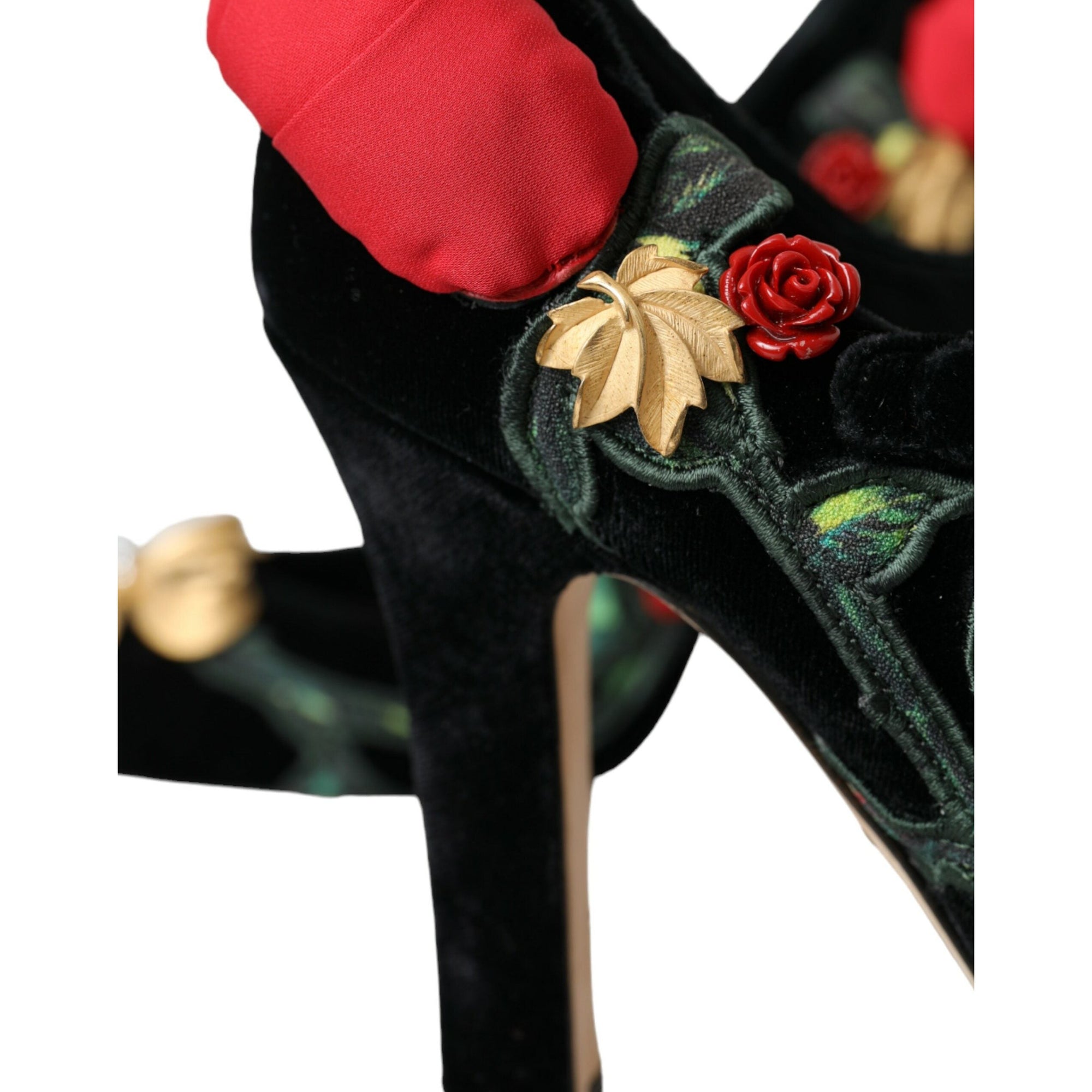 Dolce &amp; Gabbana Black Roses Crystal Brooch Mary Jane Shoes