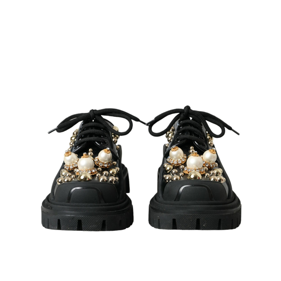 Dolce & Gabbana Black Leather Trekking Derby Embellished Shoes