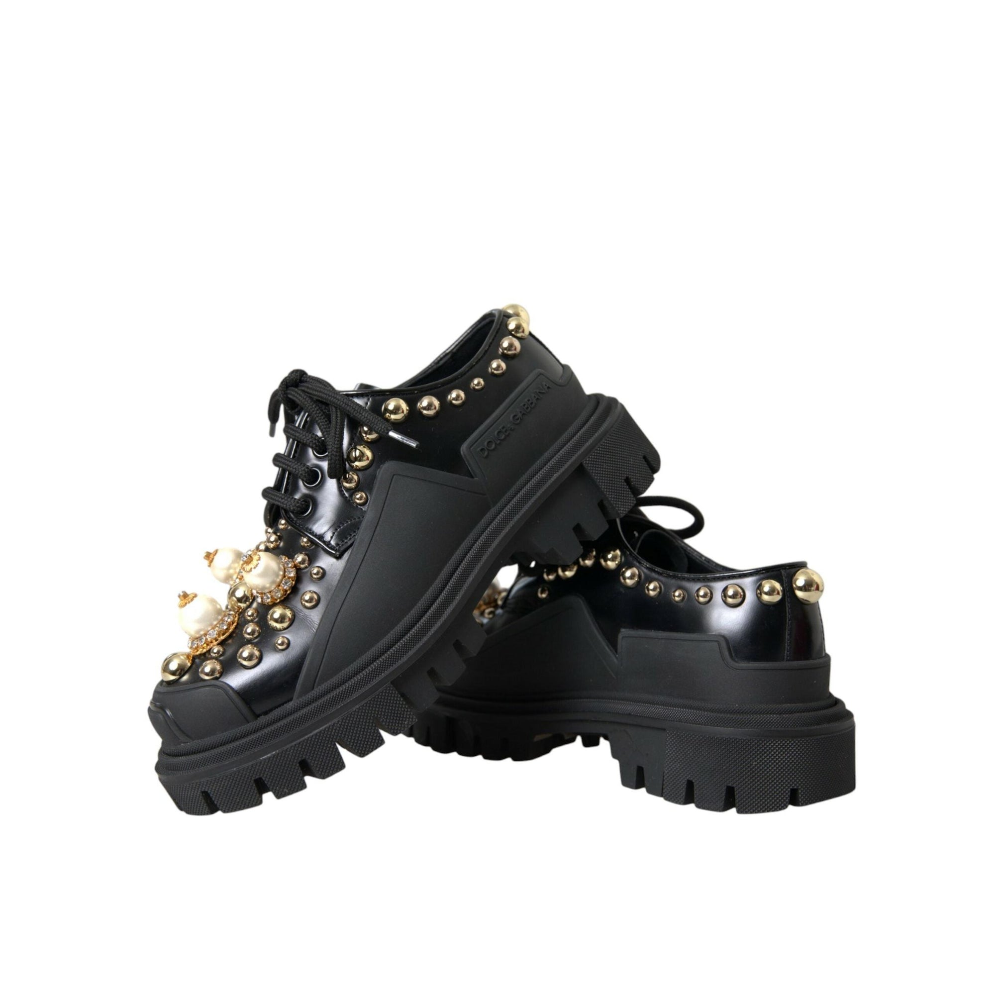 Dolce &amp; Gabbana Black Leather Trekking Derby Embellished Shoes