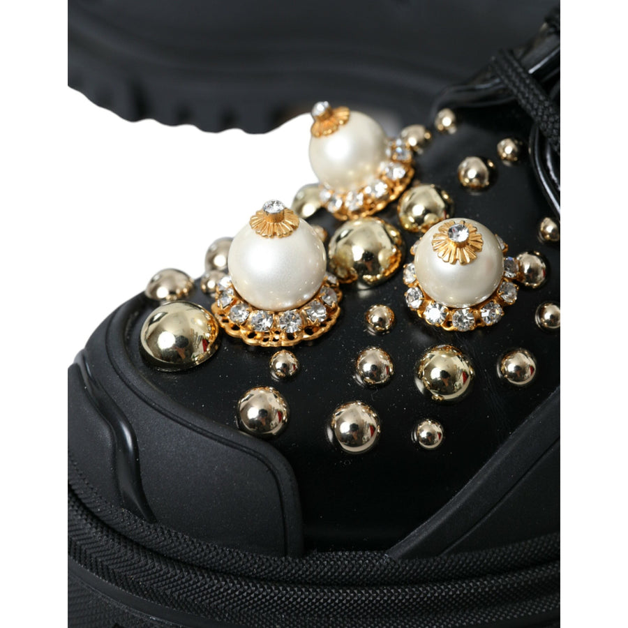 Dolce & Gabbana Black Leather Trekking Derby Embellished Shoes