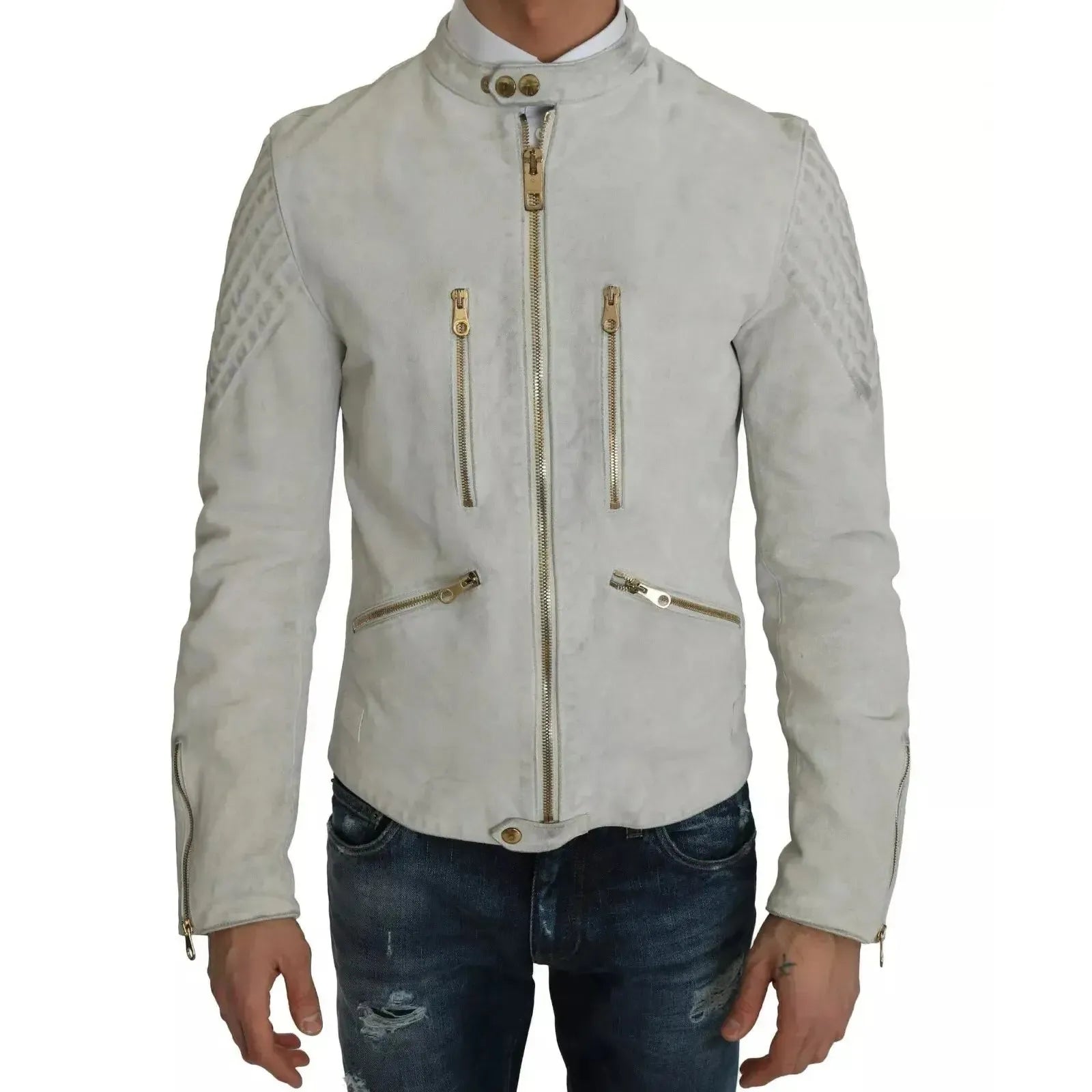 Dolce &amp; Gabbana Leather White Biker Motorcycle Jacket