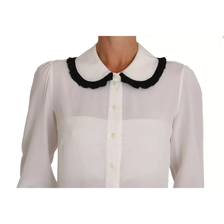 Dolce & Gabbana White Silk Shirt Ruffle Rouded Collar Blouse