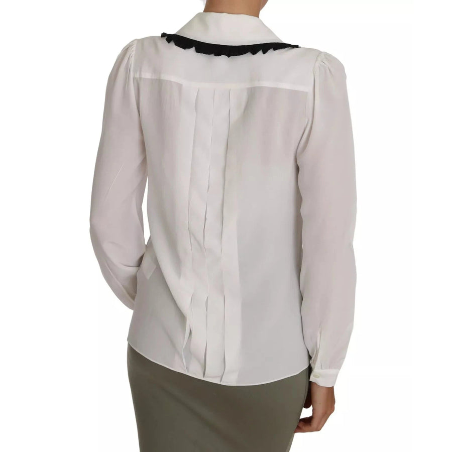 Dolce & Gabbana White Silk Shirt Ruffle Rouded Collar Blouse