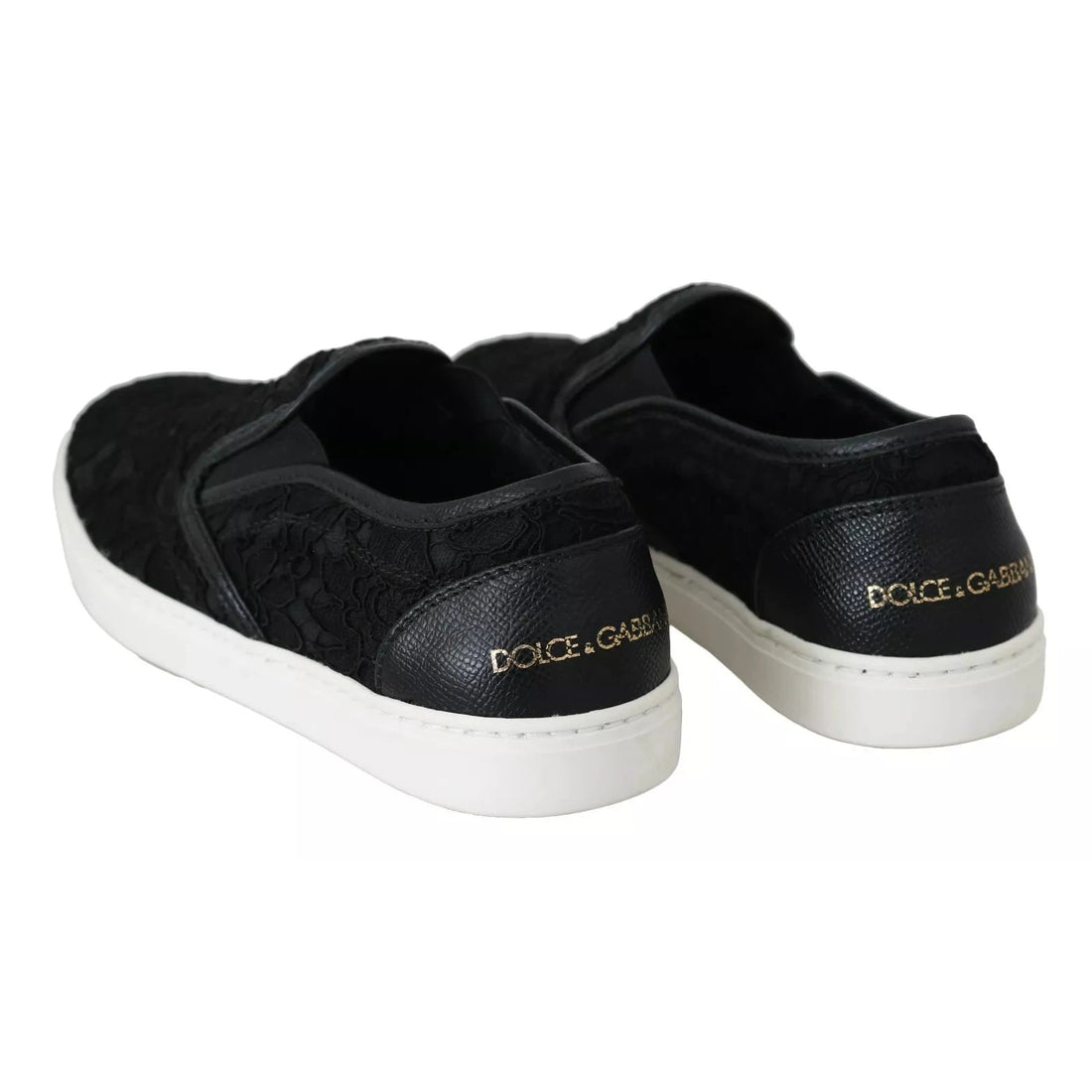 Dolce & Gabbana Black Lace Leather Logo Flat Slip-On Sneakers