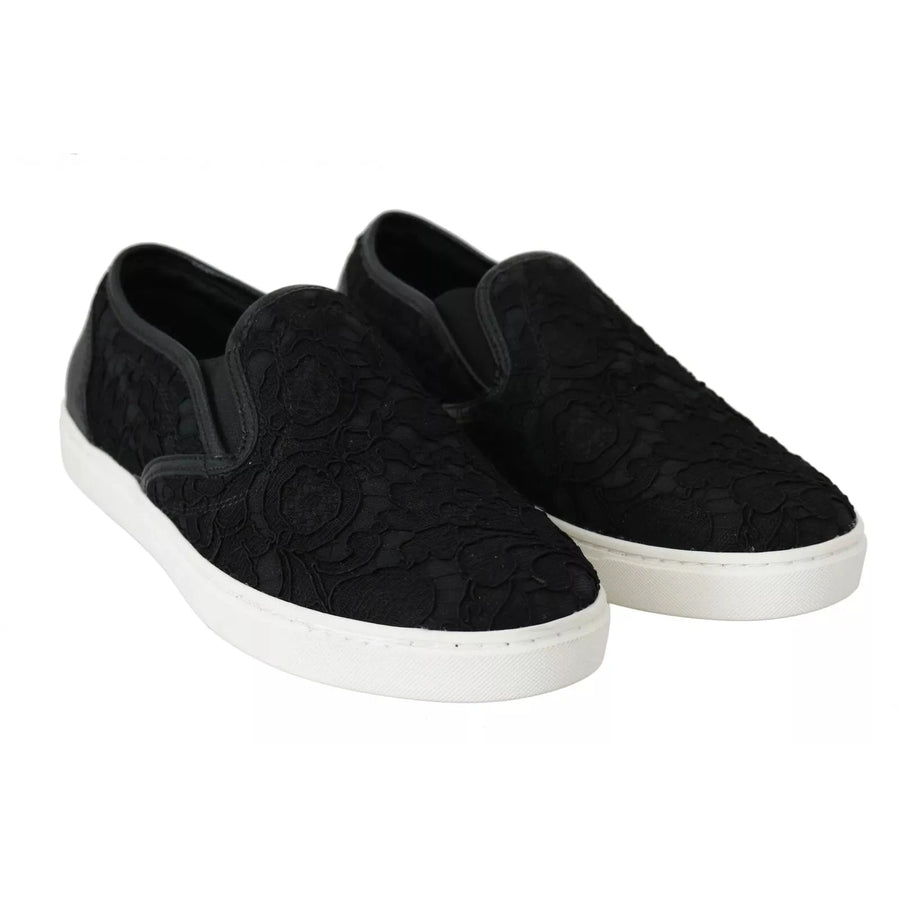 Dolce & Gabbana Black Lace Leather Logo Flat Slip-On Sneakers