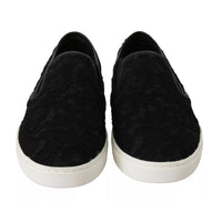 Dolce & Gabbana Black Lace Leather Logo Flat Slip-On Sneakers