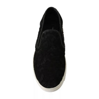 Dolce & Gabbana Black Lace Leather Logo Flat Slip-On Sneakers