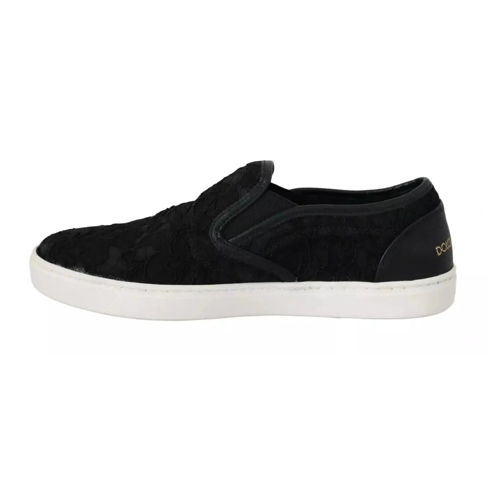 Dolce &amp; Gabbana Black Lace Leather Logo Flat Slip-On Sneakers