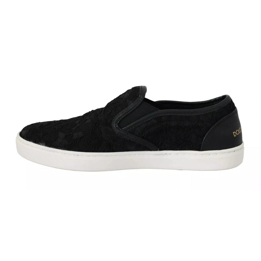 Dolce & Gabbana Black Lace Leather Logo Flat Slip-On Sneakers