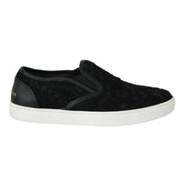 Dolce & Gabbana Black Lace Leather Logo Flat Slip-On Sneakers