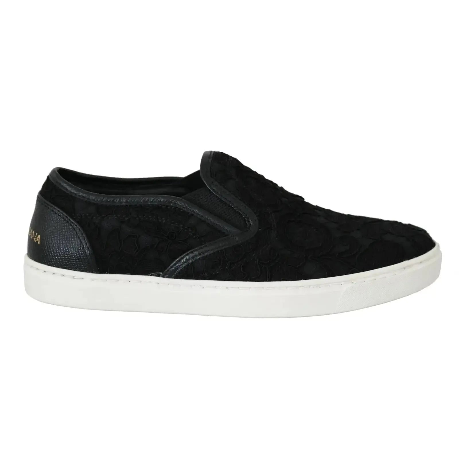 Dolce &amp; Gabbana Black Lace Leather Logo Flat Slip-On Sneakers