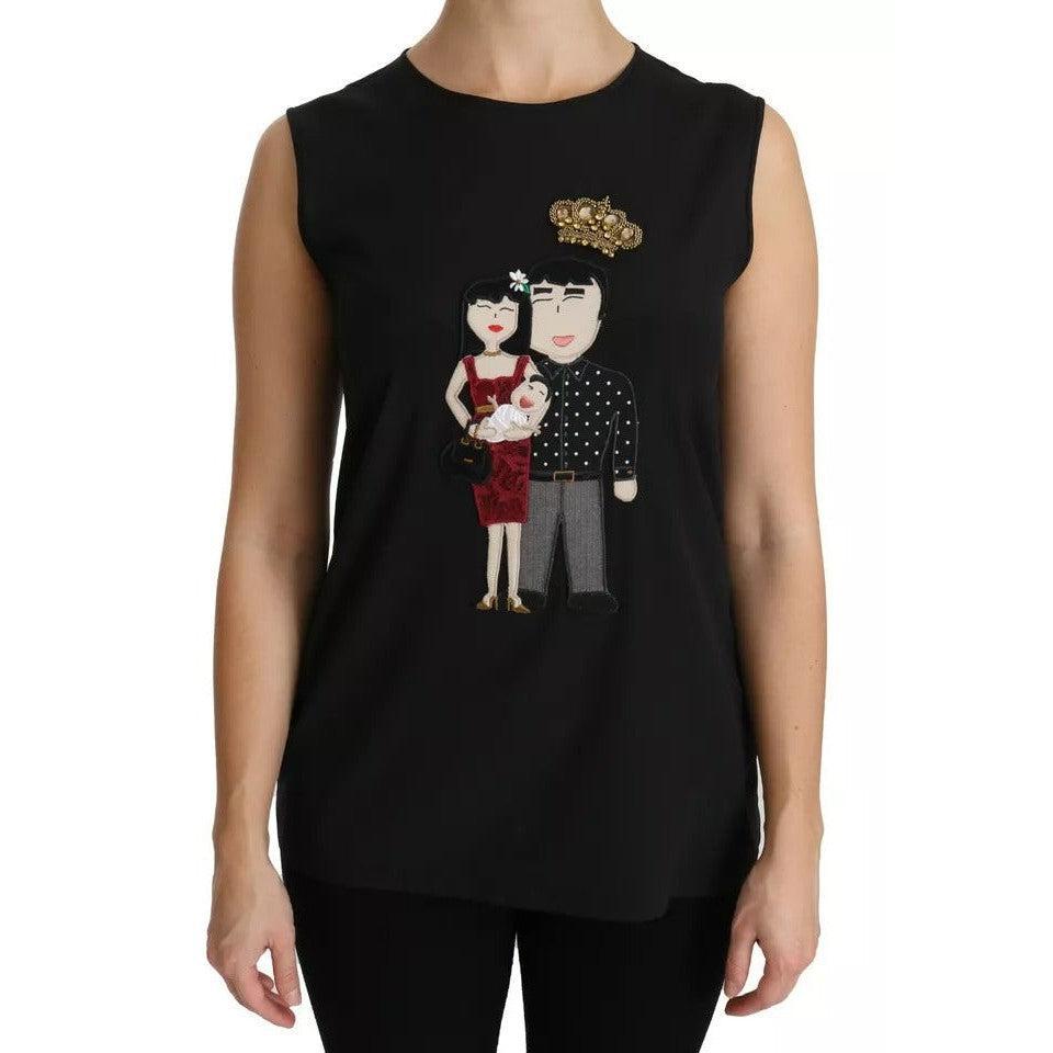 Dolce &amp; Gabbana Black Silk DG Family Crystal Sleeveless Top