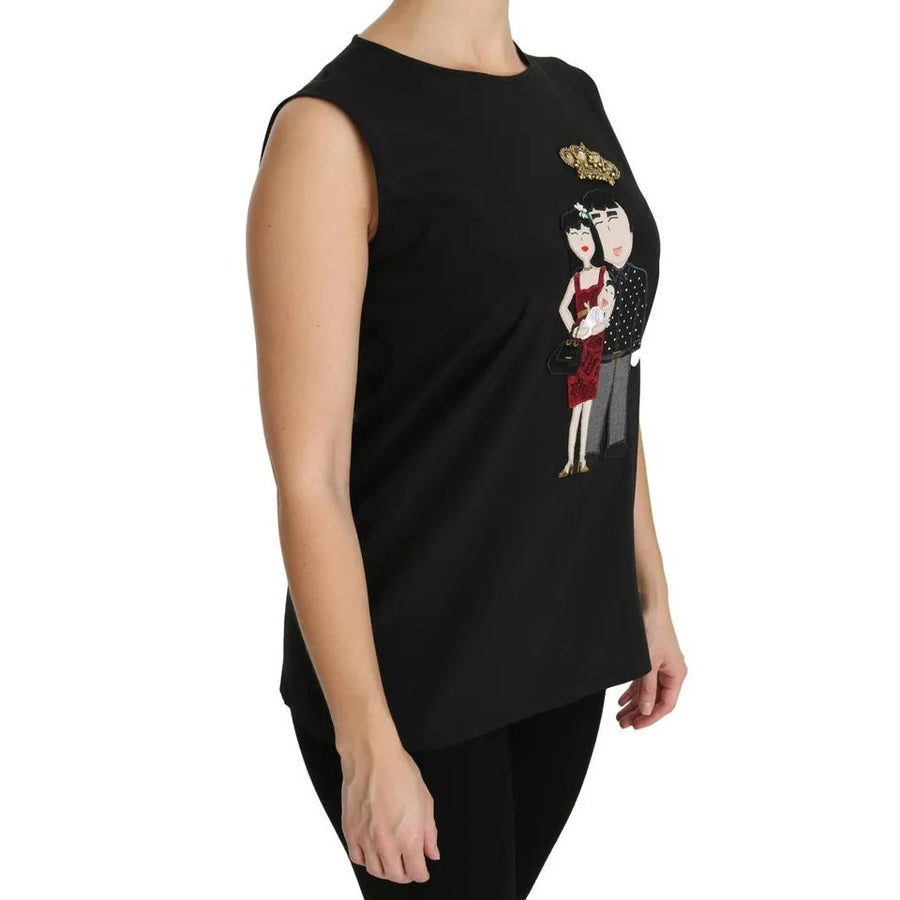 Dolce & Gabbana Black Silk DG Family Crystal Sleeveless Top