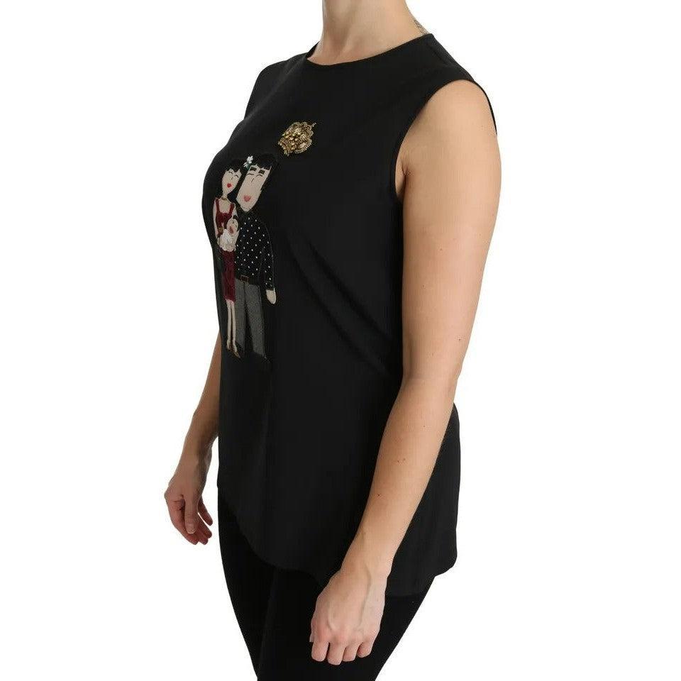 Dolce &amp; Gabbana Black Silk DG Family Crystal Sleeveless Top